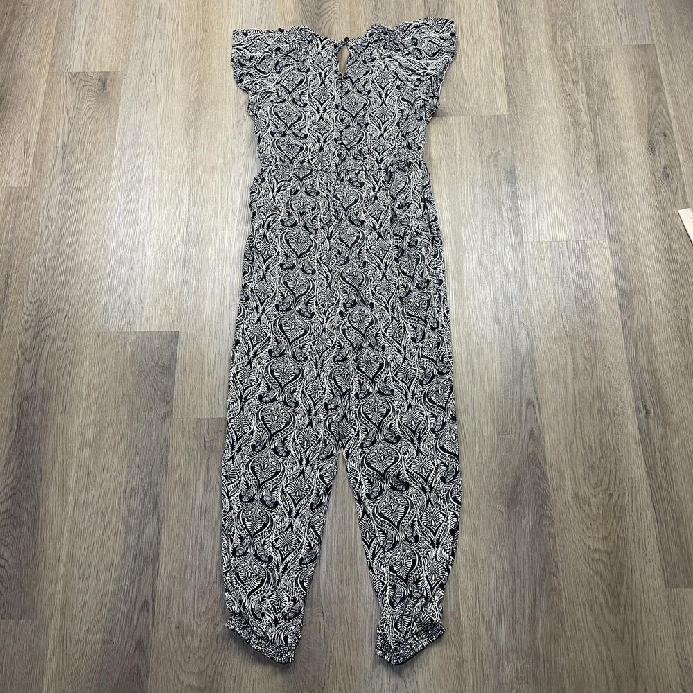 By Anthropologie Jumpsuit Womens 10 Black White Paisley Ruffle Neck Jogger Cuff - Picture 6 of 9